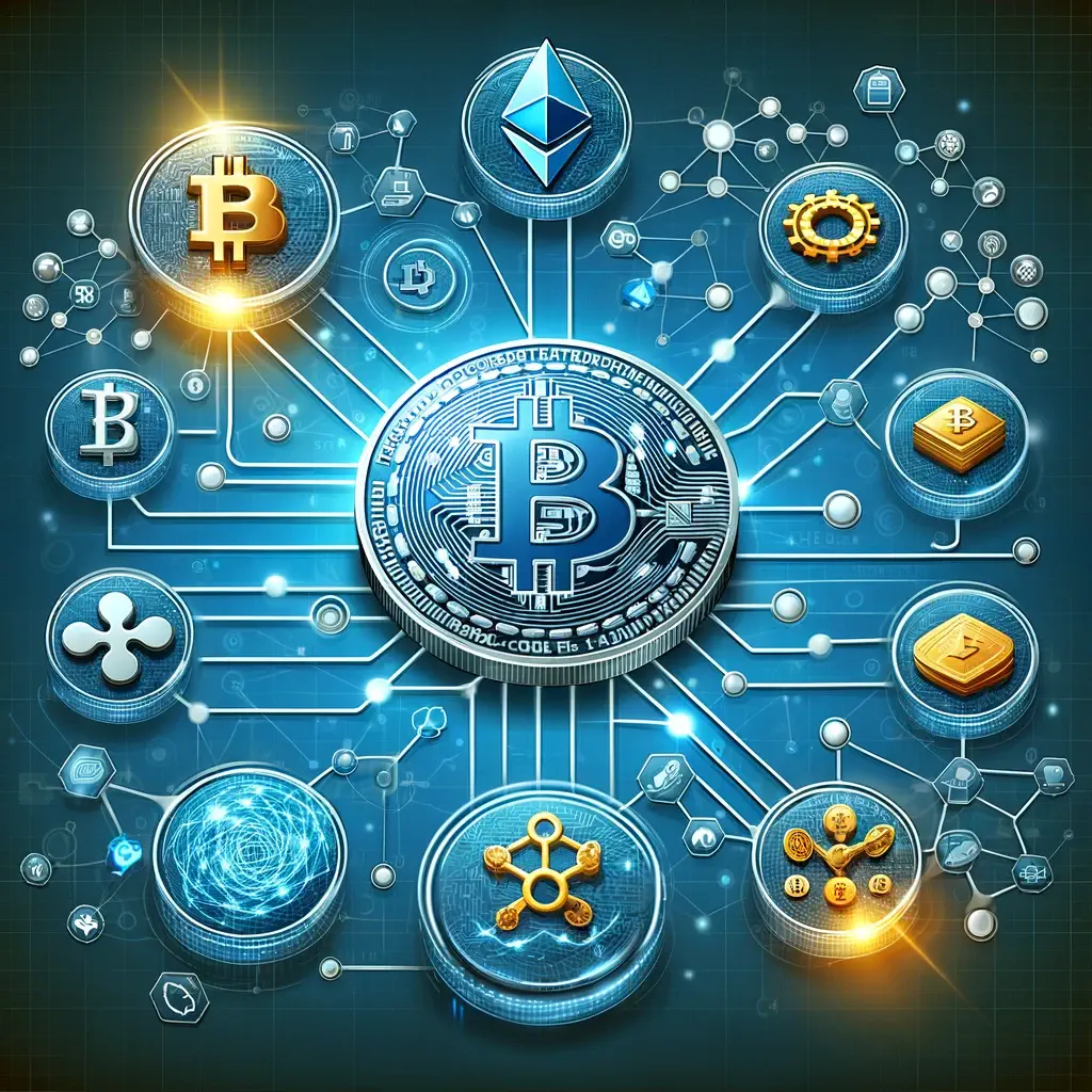 Cryptocurrency network with interconnected Bitcoin, Ethereum, and other digital assets on a blockchain.