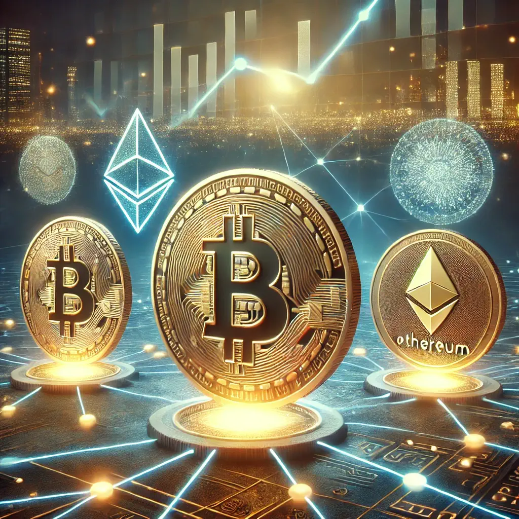 Futuristic digital landscape featuring Bitcoin, Ethereum, and Cardano as glowing coins connected by blockchain networks, with an upward-trending graph symbolizing market growth in 2024.