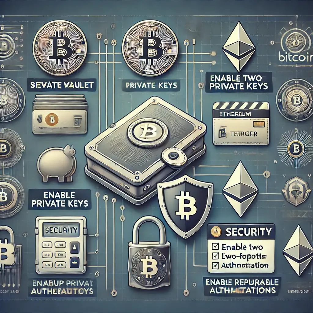 Illustration depicting cryptocurrency security with a vault, cryptocurrency symbols, a hardware wallet, a digital shield, and a checklist of security practices.