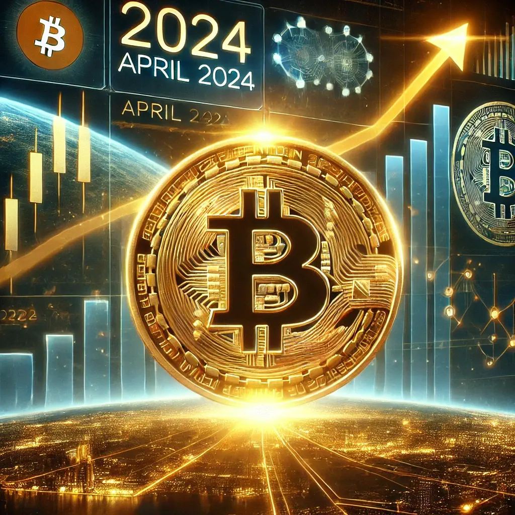 Bitcoin glowing gold coin symbol with a futuristic timeline highlighting April 2024, surrounded by upward-trending arrows and data charts predicting price surge.