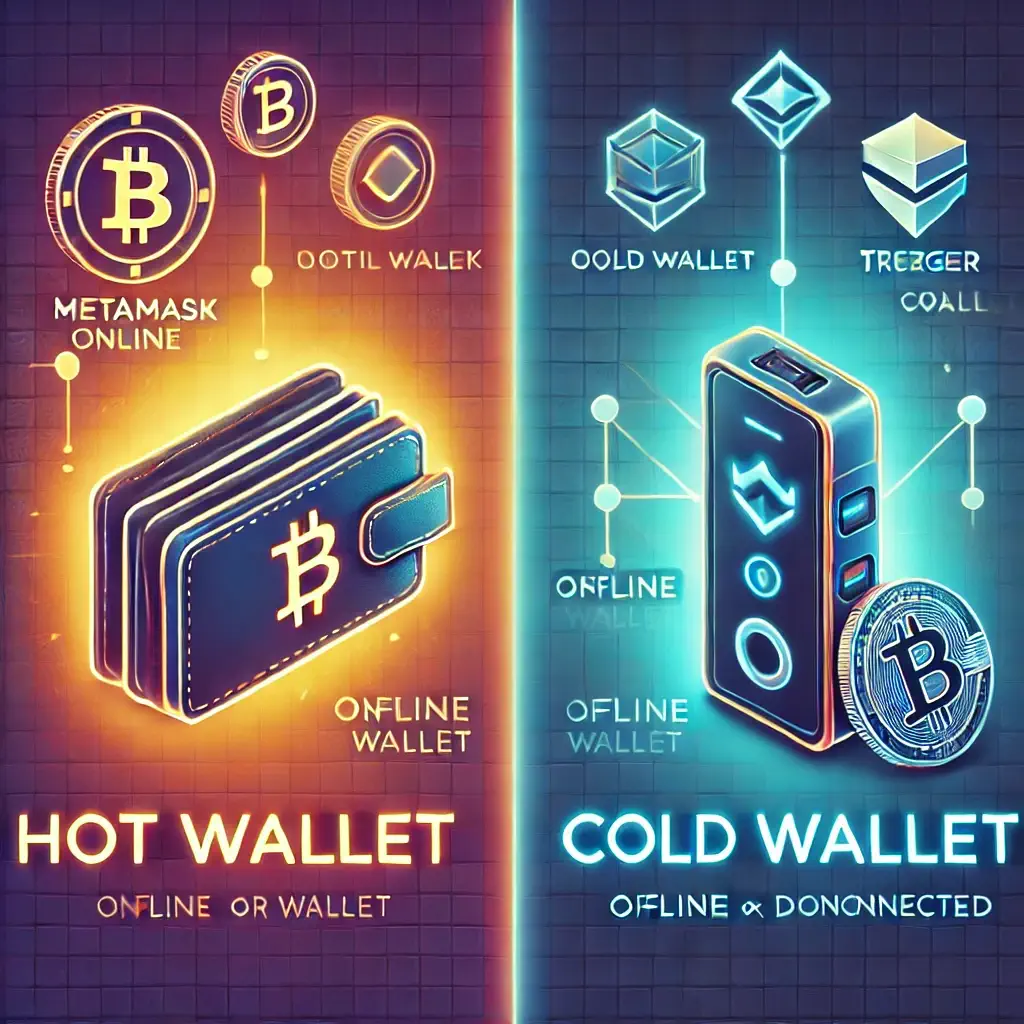 A split image comparing hot and cold wallets for cryptocurrency. The hot wallet shows a digital wallet connected to the internet, while the cold one depicts a hardware wallet with an offline symbol.