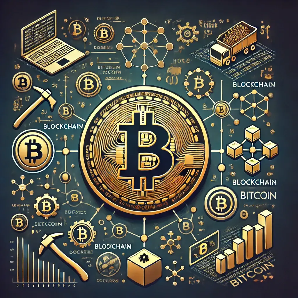 Bitcoin blockchain illustration with mining symbols, network connections, and digital asset elements.