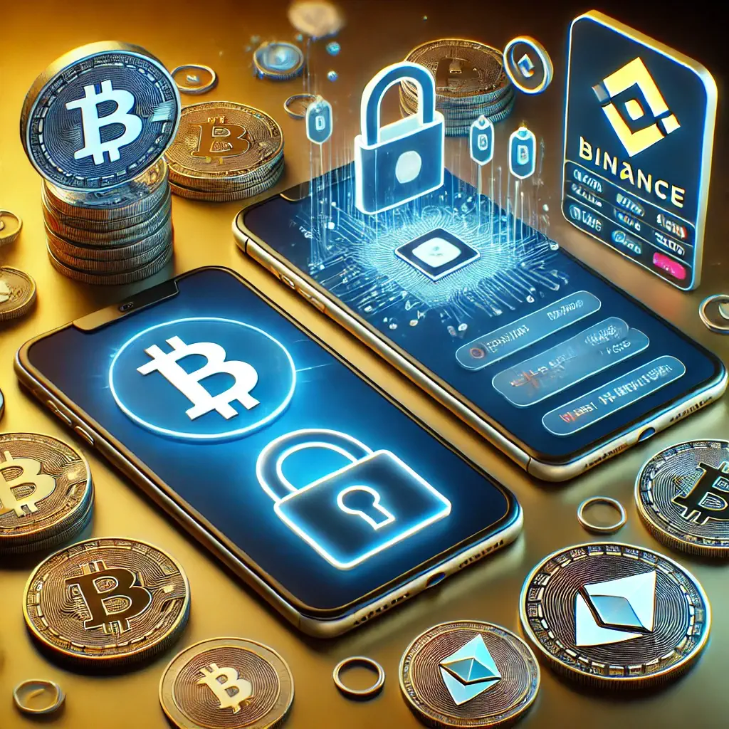 A comparison of Coinbase and Binance cryptocurrency platforms on a smartphone screen, with security symbols like two-factor authentication (2FA) and digital coins floating around.