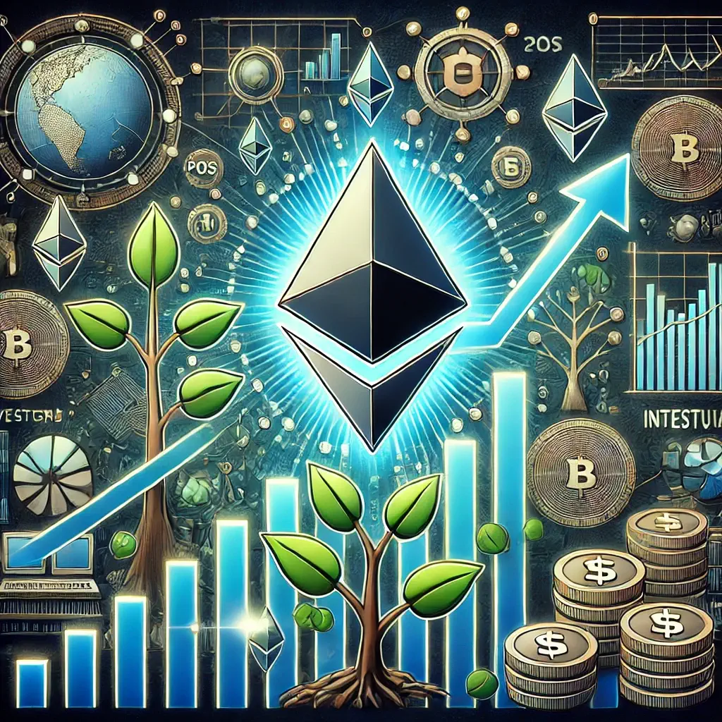 Ethereum 2024 price forecast showing growth in smart contracts and Proof of Stake with blockchain and eco-friendly visuals.