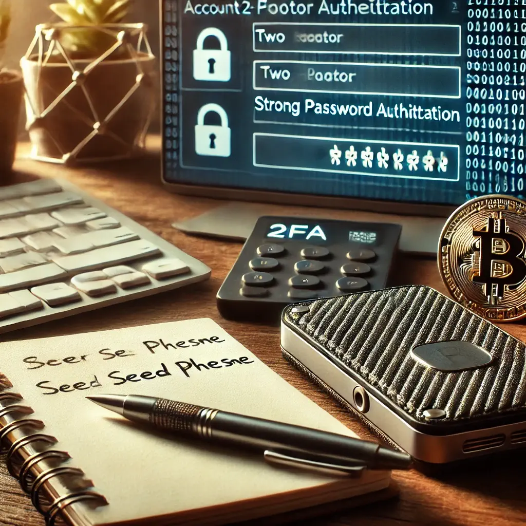 Cryptocurrency security setup with a hardware wallet, notepad for seed phrase, and Two-Factor Authentication on a computer screen.