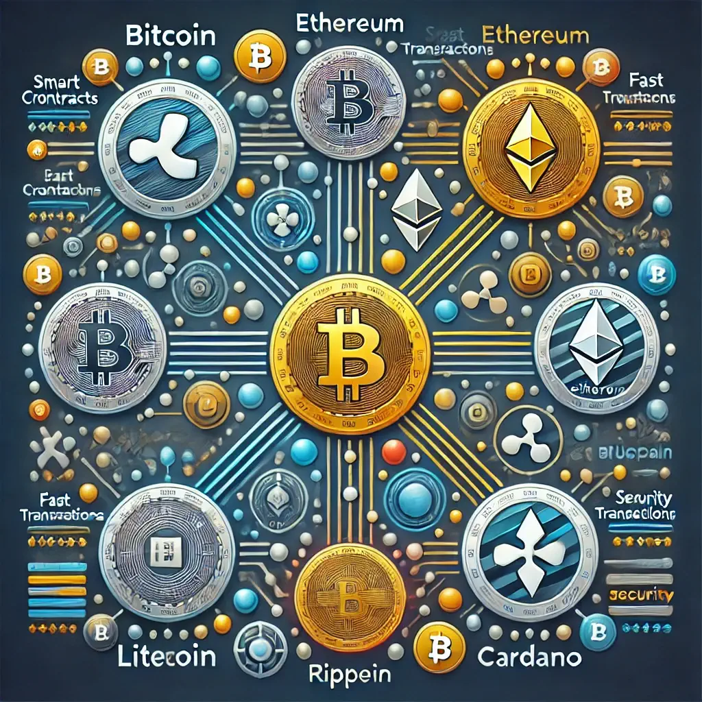 Visual network of top cryptocurrencies including Bitcoin, Ethereum, Ripple, Litecoin, and Cardano in a blockchain ecosystem.