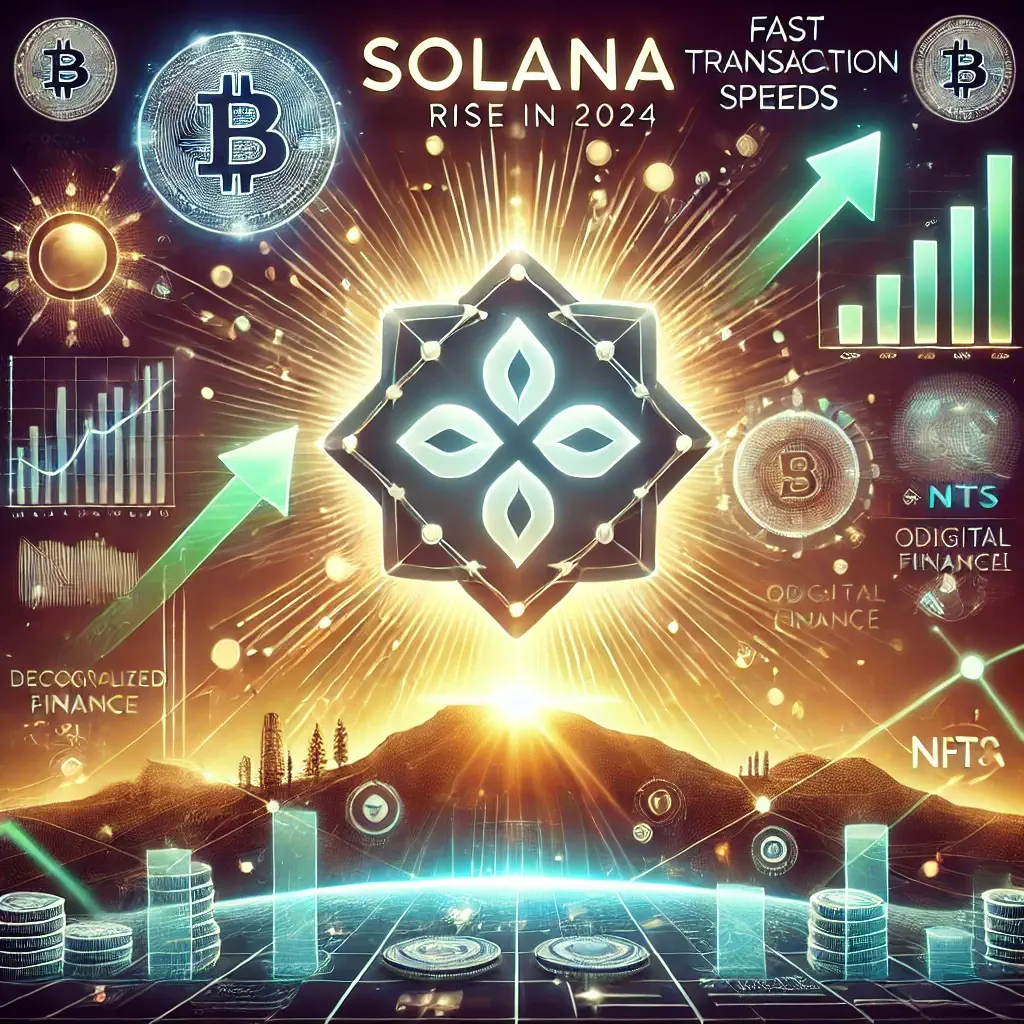 Solana 2024 forecast featuring high transaction speeds, DeFi, NFTs, and overcoming technical challenges.