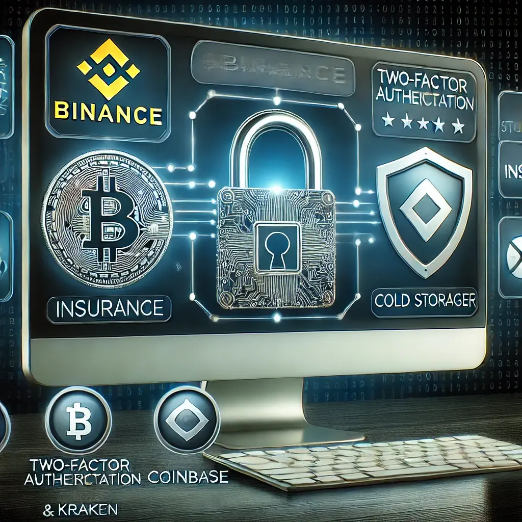 Secure cryptocurrency exchange interface with Binance, Coinbase, Kraken, 2FA, insurance, and cold storage features.