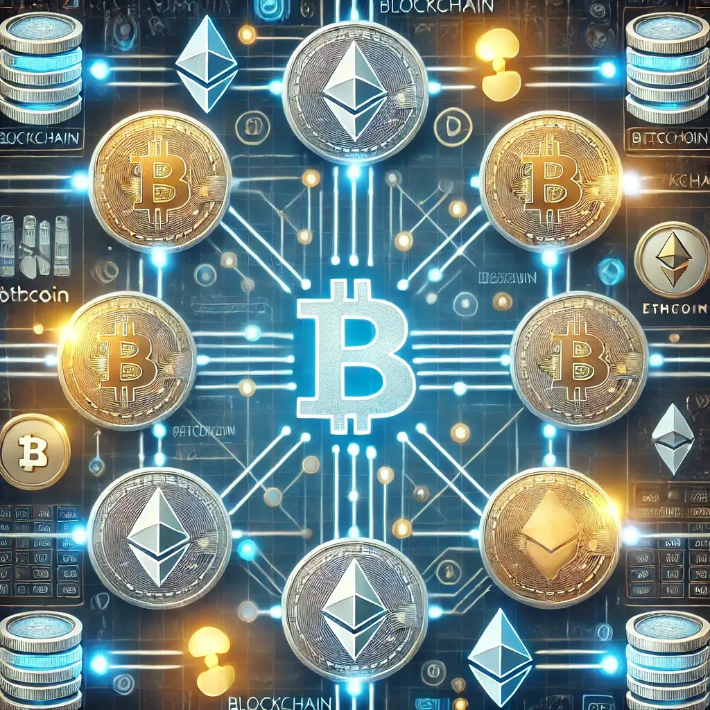 Bitcoin and Ethereum coins connected in a blockchain network, highlighting cryptocurrency transactions and decentralized finance.