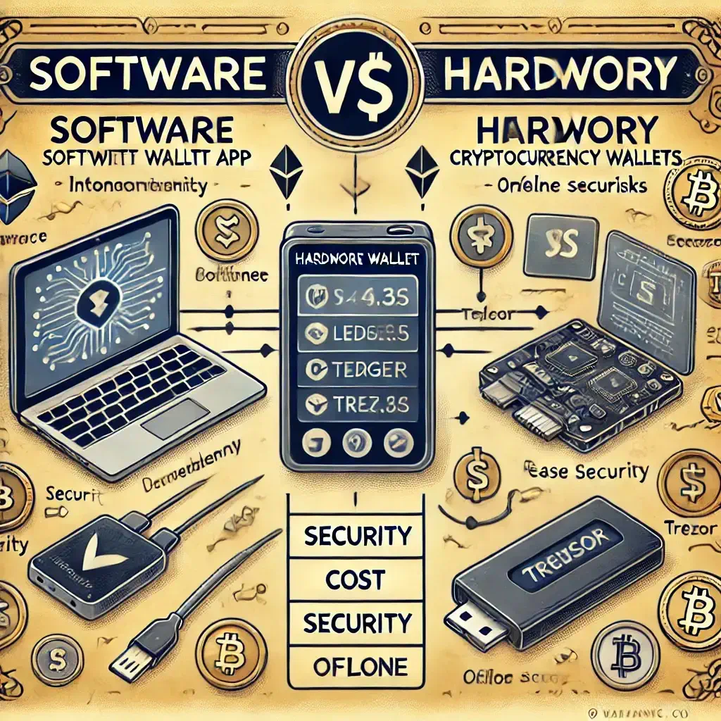 A comparison between a software wallet on a smartphone and a hardware wallet like Ledger or Trezor for securely storing cryptocurrency.