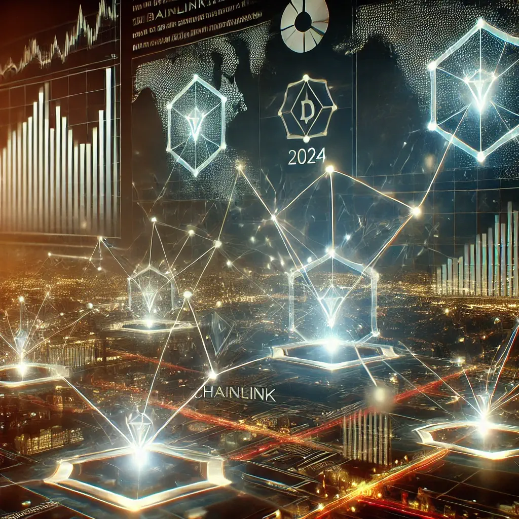 Futuristic digital landscape illustrating Chainlink's decentralized oracle network with glowing nodes symbolizing smart contracts and real-world data transfer for DeFi in 2024.