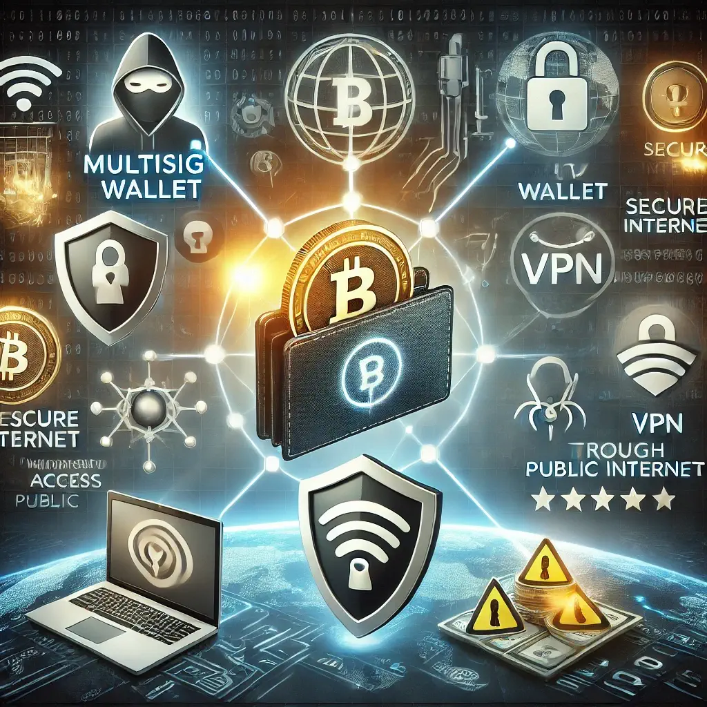 Cryptocurrency security measures include multi-sig wallet, VPN, phishing scam warnings, and hacker blocked on public Wi-Fi.