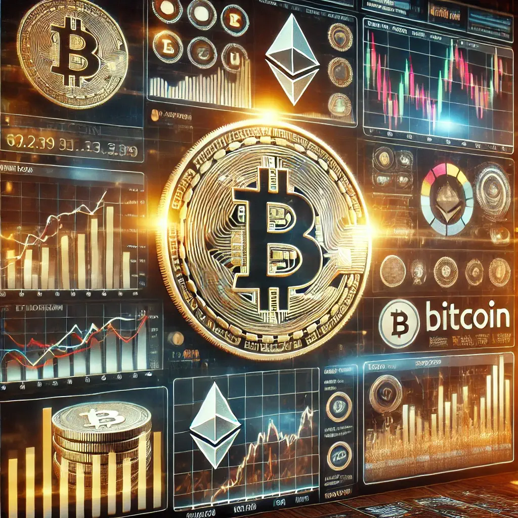 A digital display shows fluctuating cryptocurrency prices, accompanied by detailed charts and graphs. Bitcoin, Ethereum, and other cryptocurrency symbols are visible. Alerts pop up indicating price changes while people monitor the data.