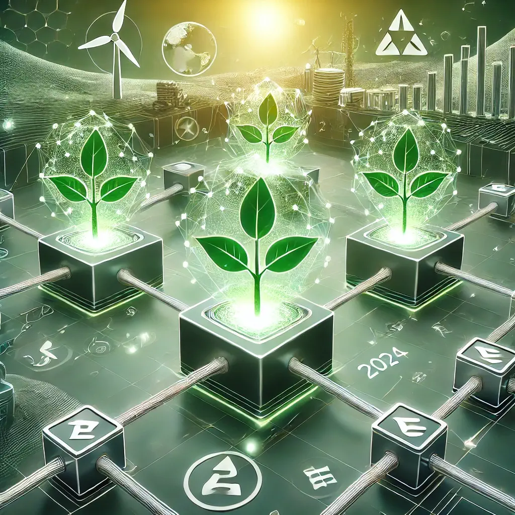 Blockchain landscape with sustainable energy symbols representing Cardano's focus on scalability, sustainability, and interoperability for decentralized applications (DApps) in 2024.