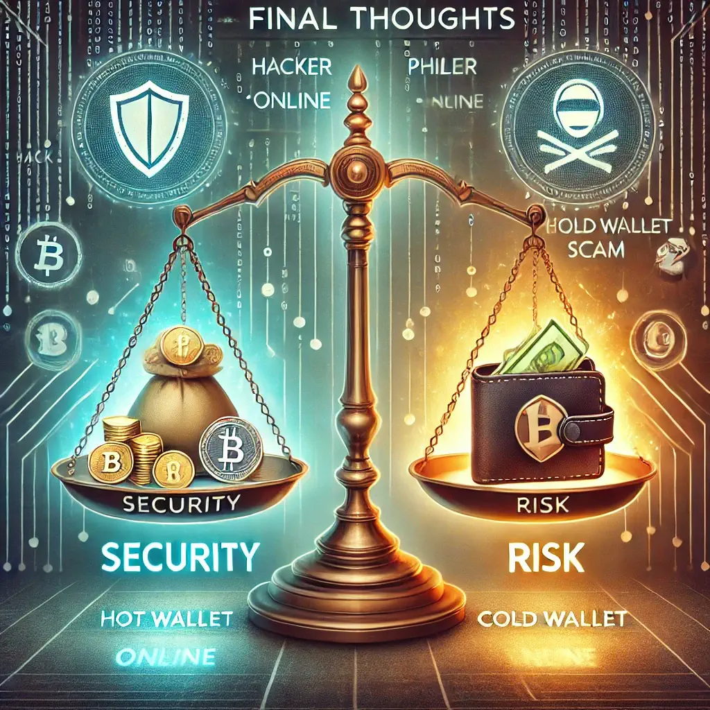 Balance scale showing cryptocurrency security vs. risk with a shield, lock, hacker, and phishing icons, highlighting hot and cold wallet security.