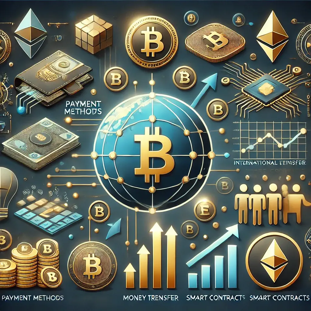 Bitcoin global network illustrating payment methods, money transfers, and the role of smart contracts in cryptocurrency.