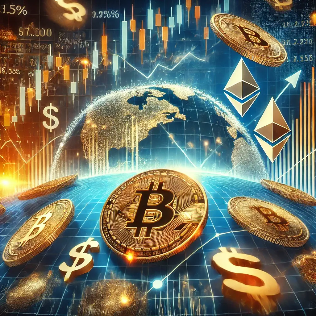 Cryptocurrency prices influenced by macro-economic factors, showing Bitcoin, Ethereum, and financial charts with inflation and interest rate indicators.