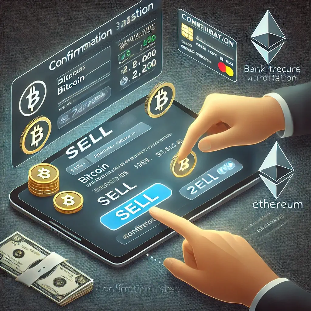 A secure digital transaction screen showing a user selling cryptocurrency on an exchange platform with a confirmation step and 2FA authentication. Icons for Bitcoin, Ethereum, and bank transfers are visible.