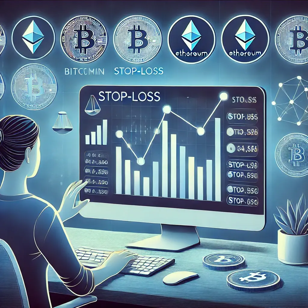 The digital illustration depicts a person managing cryptocurrency transactions on a computer, with multiple graphs showing various cryptocurrencies like Bitcoin and Ethereum, stop-loss markers, and a balance scale symbolizing diversification and emotional control.