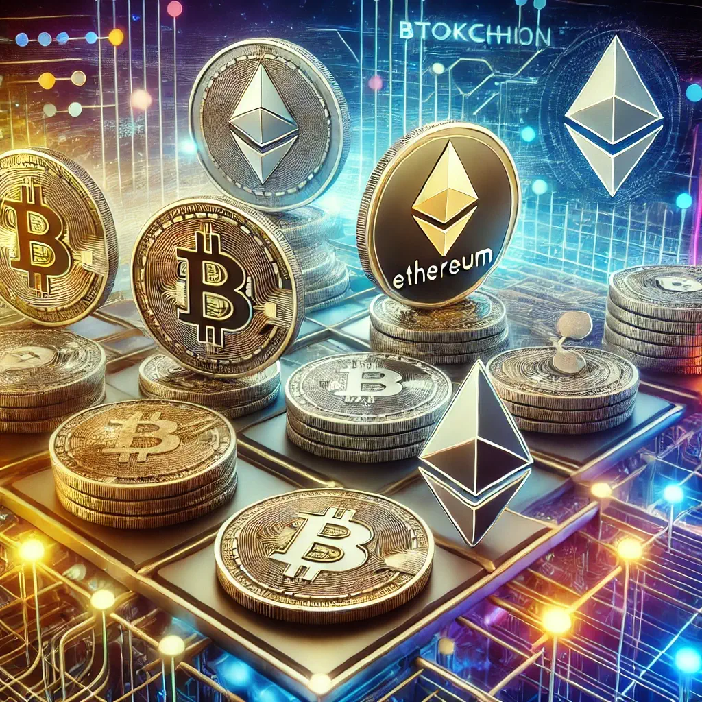 Bitcoin and Ethereum coins in a digital blockchain network, representing cryptocurrency and decentralized finance.