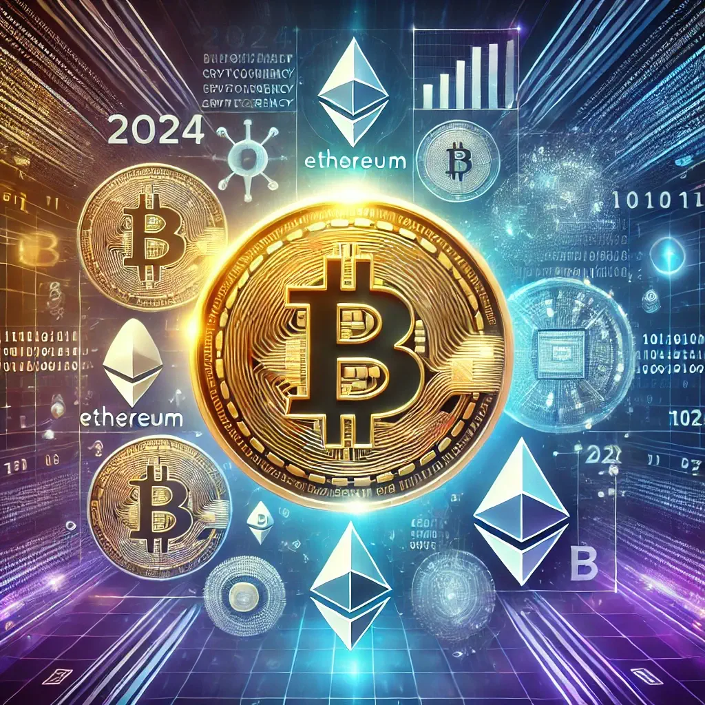 Modern cryptocurrency banner with Bitcoin, Ethereum, and other crypto logos in a futuristic digital background for 2024 market predictions.