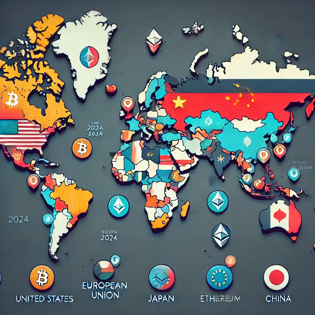 World map showing the global regulatory landscape for cryptocurrencies in 2024, with regions color-coded and markers on key countries like the United States, European Union, Japan, and China.