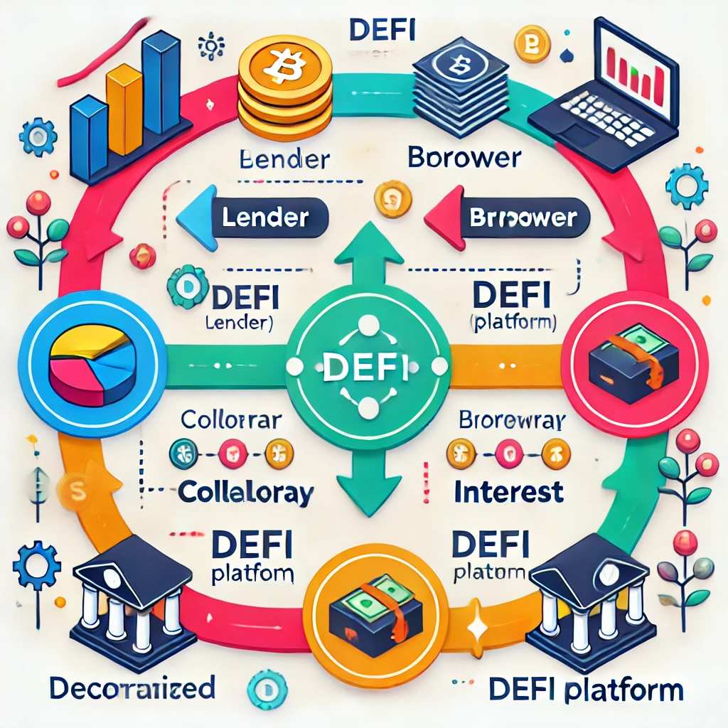 Diagram showing the lending and borrowing process in DeFi