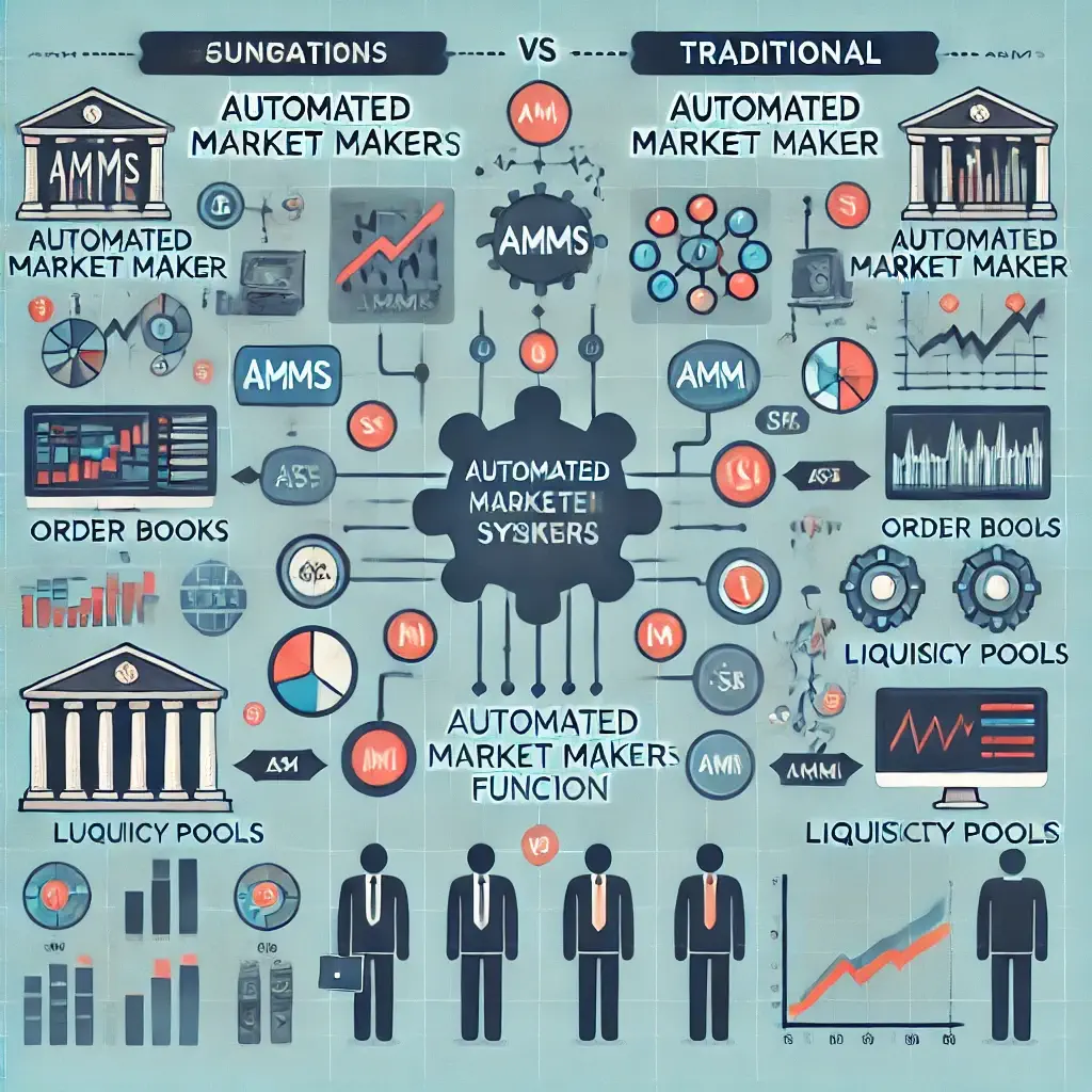 Diagram explaining how Automated Market Makers (AMMs) function compared to traditional markets.