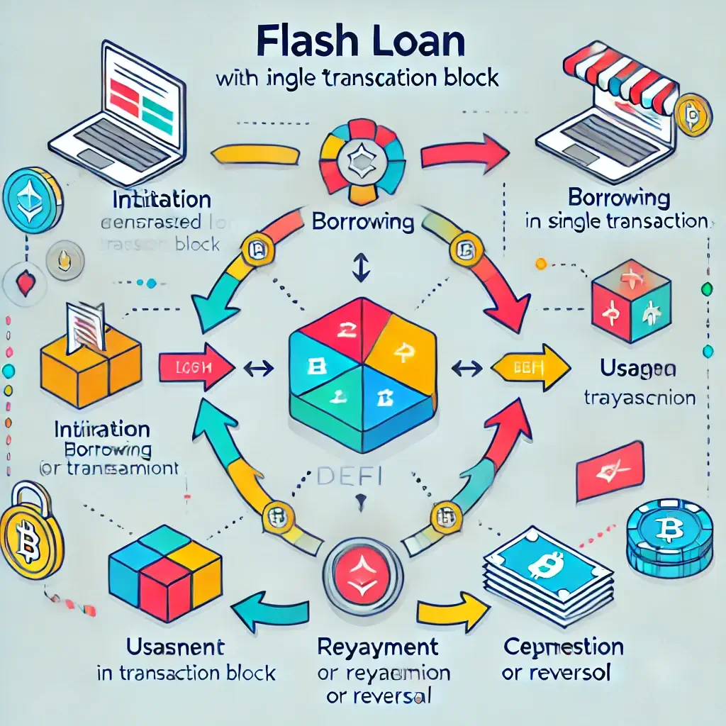 Diagram explaining the process of a flash loan within a single transaction block in DeFi