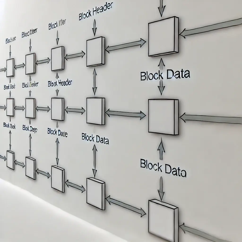 Diagram of a blockchain structure showing a series of connected blocks representing decentralized data.