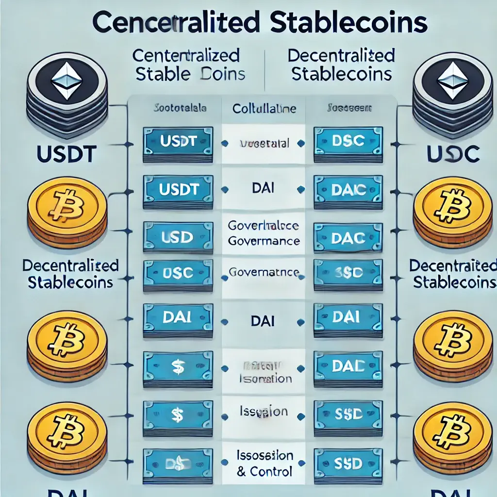 Comparison table of centralized stablecoins like USDT and decentralized stablecoins like DAI.