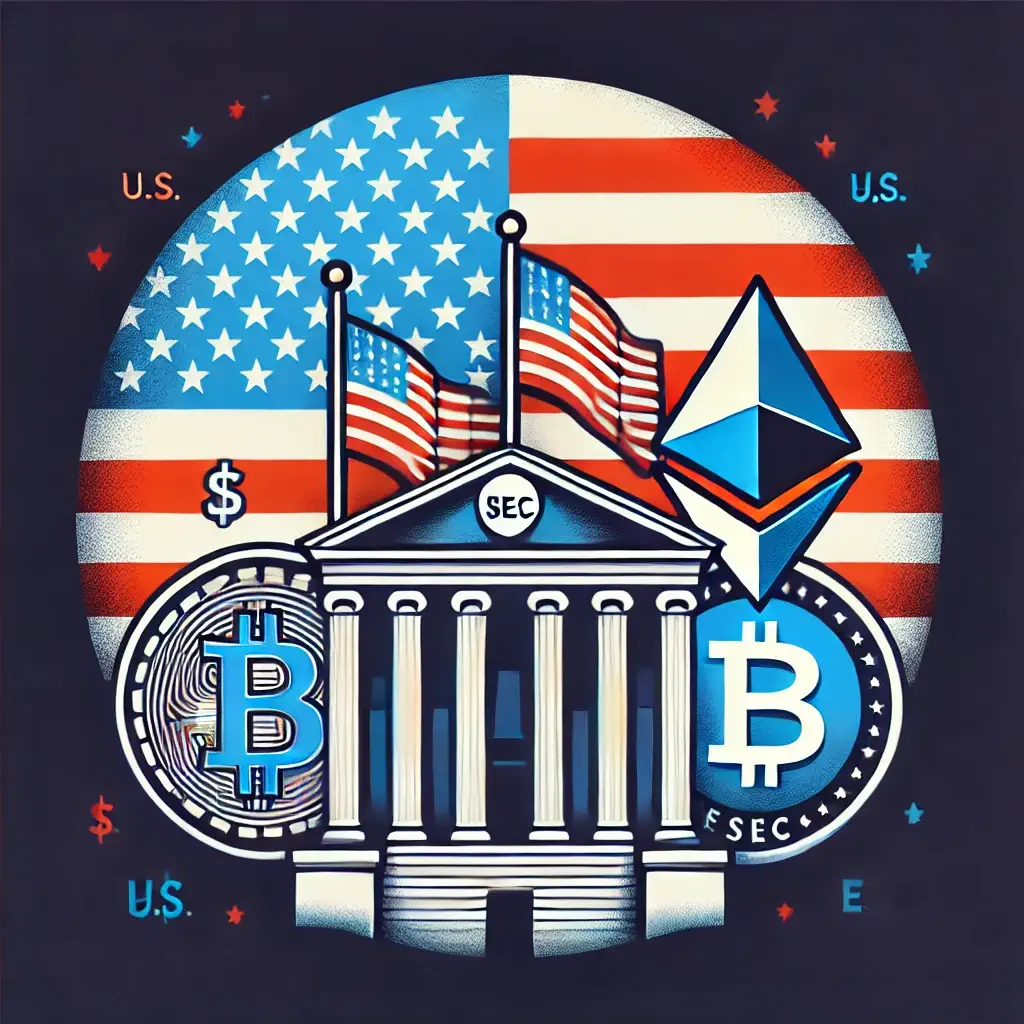 Illustration of U.S. legal symbols such as the American flag, SEC-like building, and dollar sign combined with cryptocurrency symbols like Bitcoin and Ethereum, representing U.S. regulations on the crypto market.