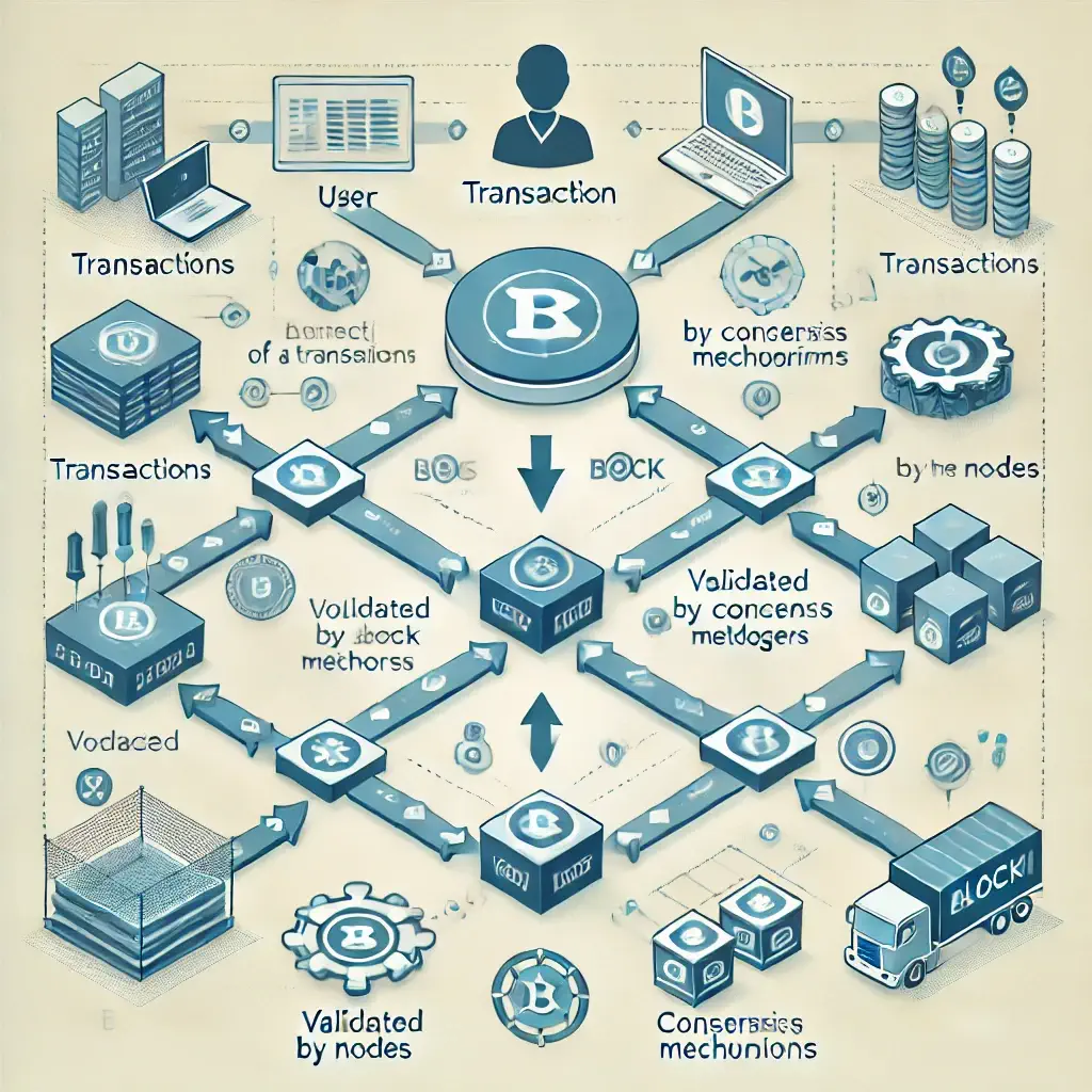 Infographic illustrating the step-by-step process of a blockchain transaction, from initiation by a user to its final addition to the blockchain.