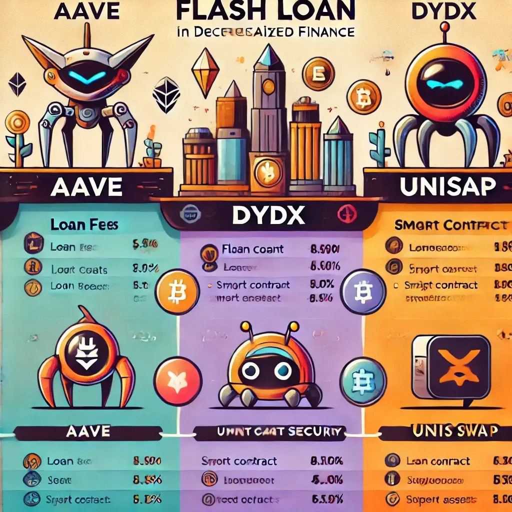 Comparison chart of flash loan platforms like Aave, dYdX, and Uniswap