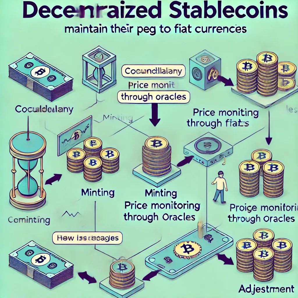 Flowchart explaining how decentralized stablecoins maintain their peg to fiat currencies.