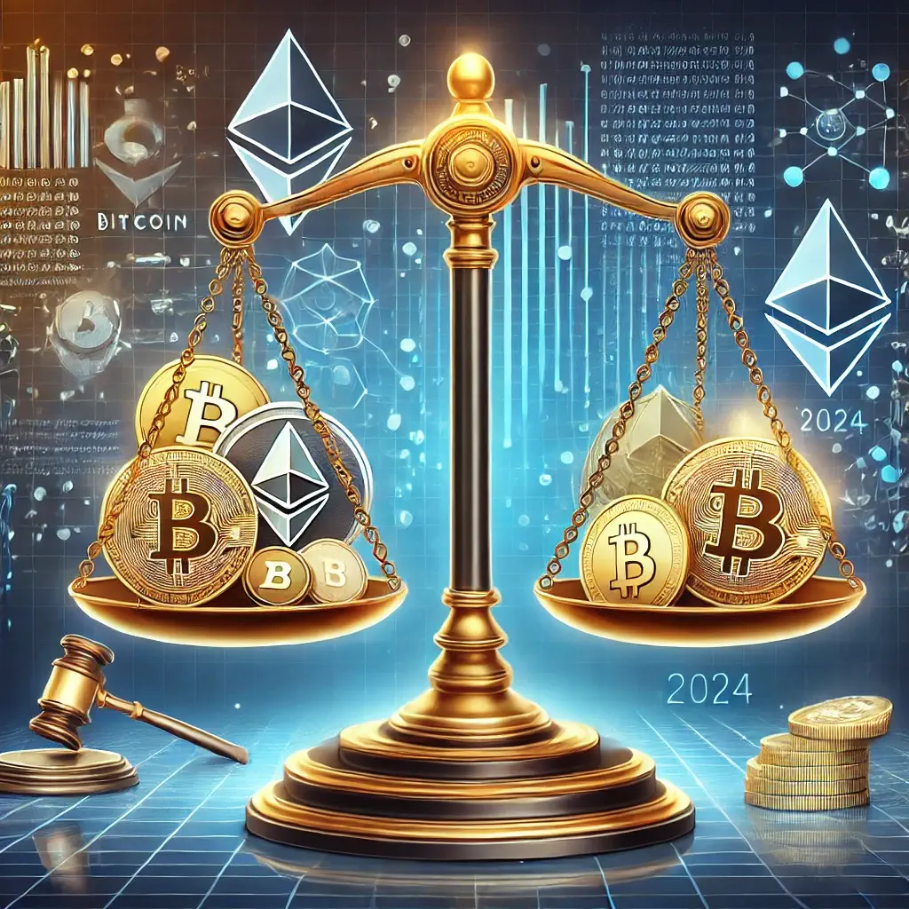 Balanced scale showing cryptocurrency symbols like Bitcoin and Ethereum on one side, and legal authority symbols such as a law book and gavel on the other, representing cryptocurrency regulations in 2024.