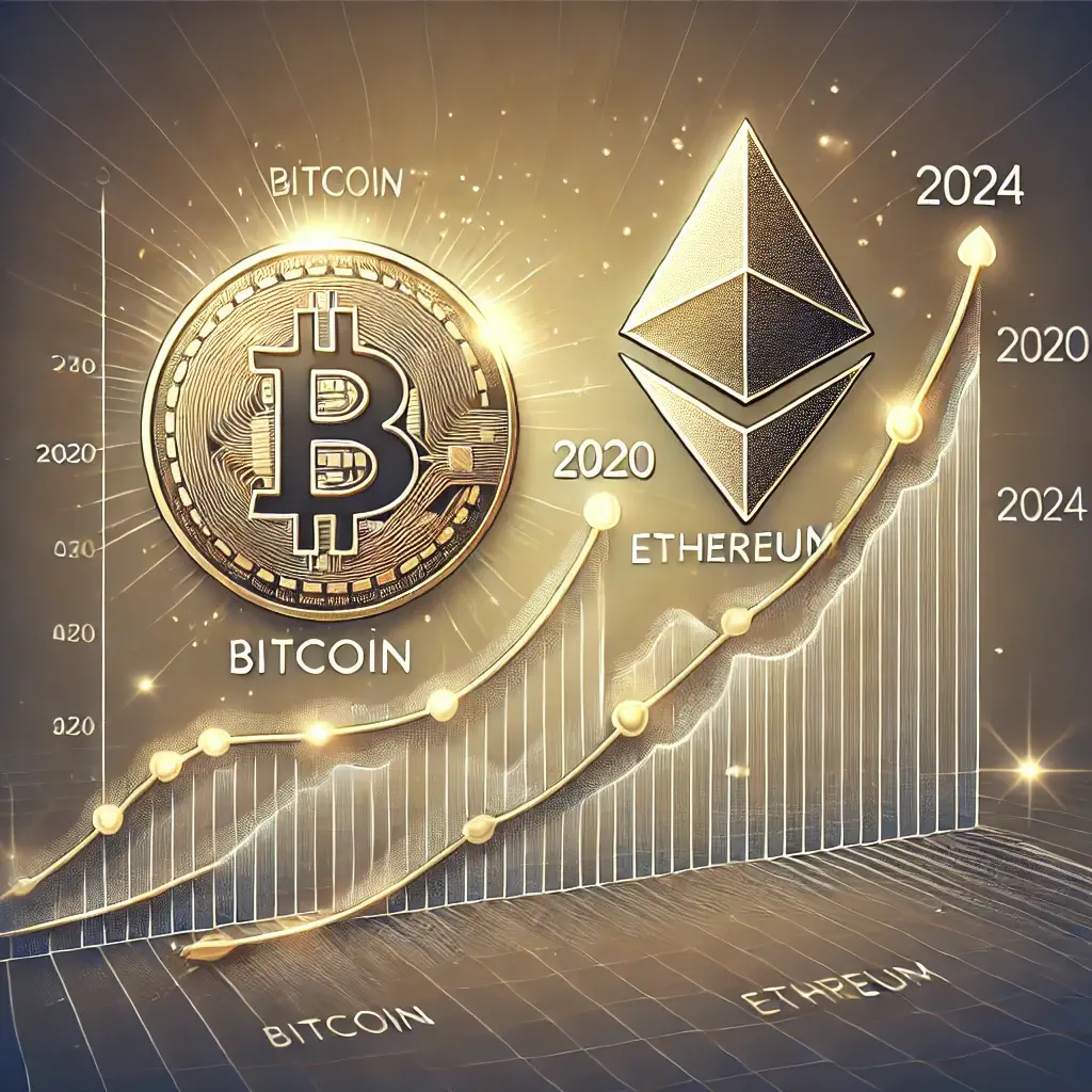 Graph showing the predicted price growth of Bitcoin and Ethereum from 2020 to 2024, with rising trend lines for both cryptocurrencies.