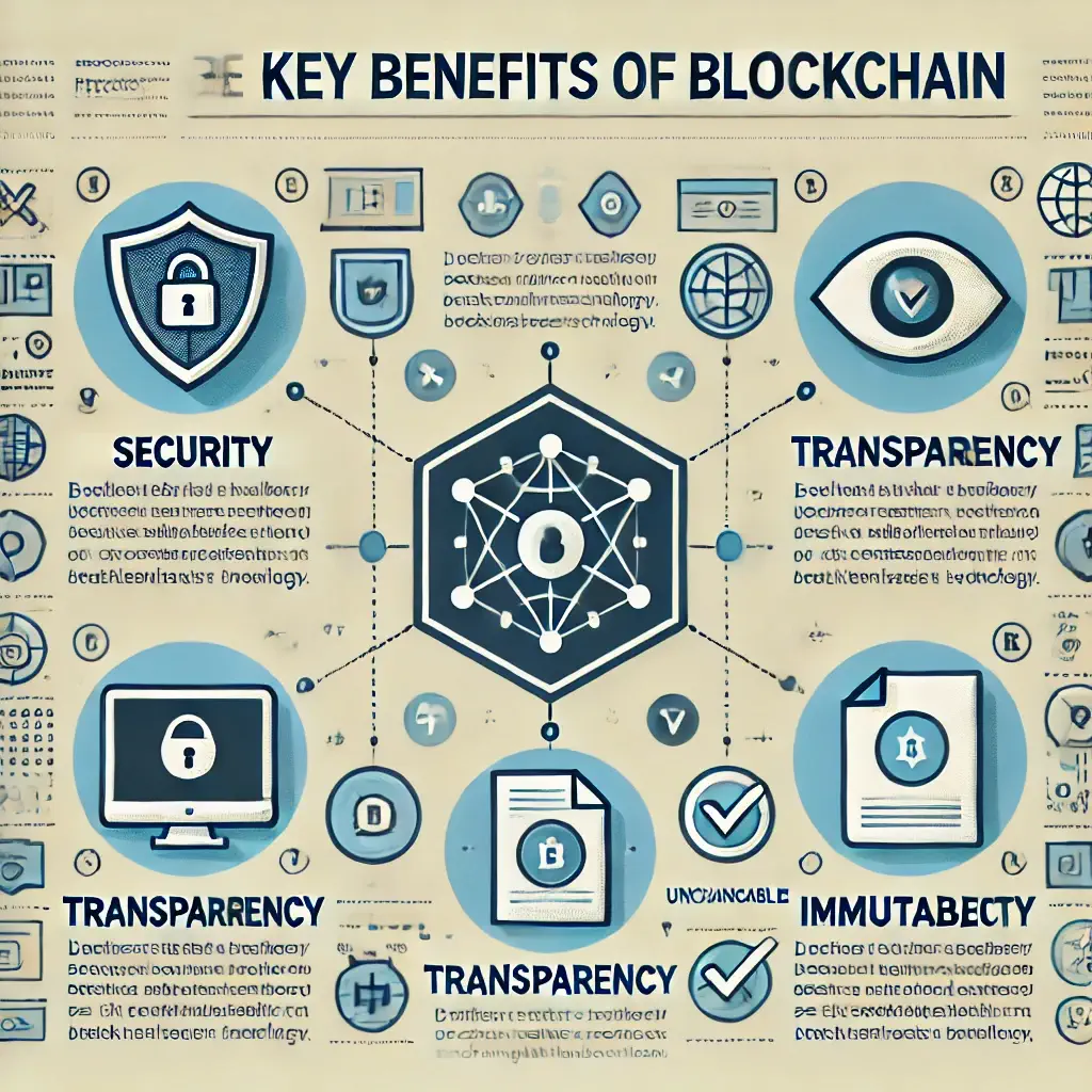 Infographic showing the main benefits of blockchain technology, including security, transparency, and immutability.