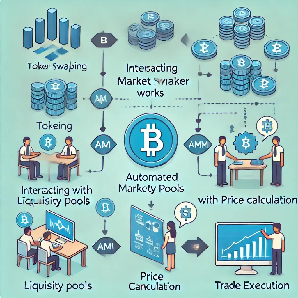 Flowchart showing how token swapping works using an AMM in DeFi.