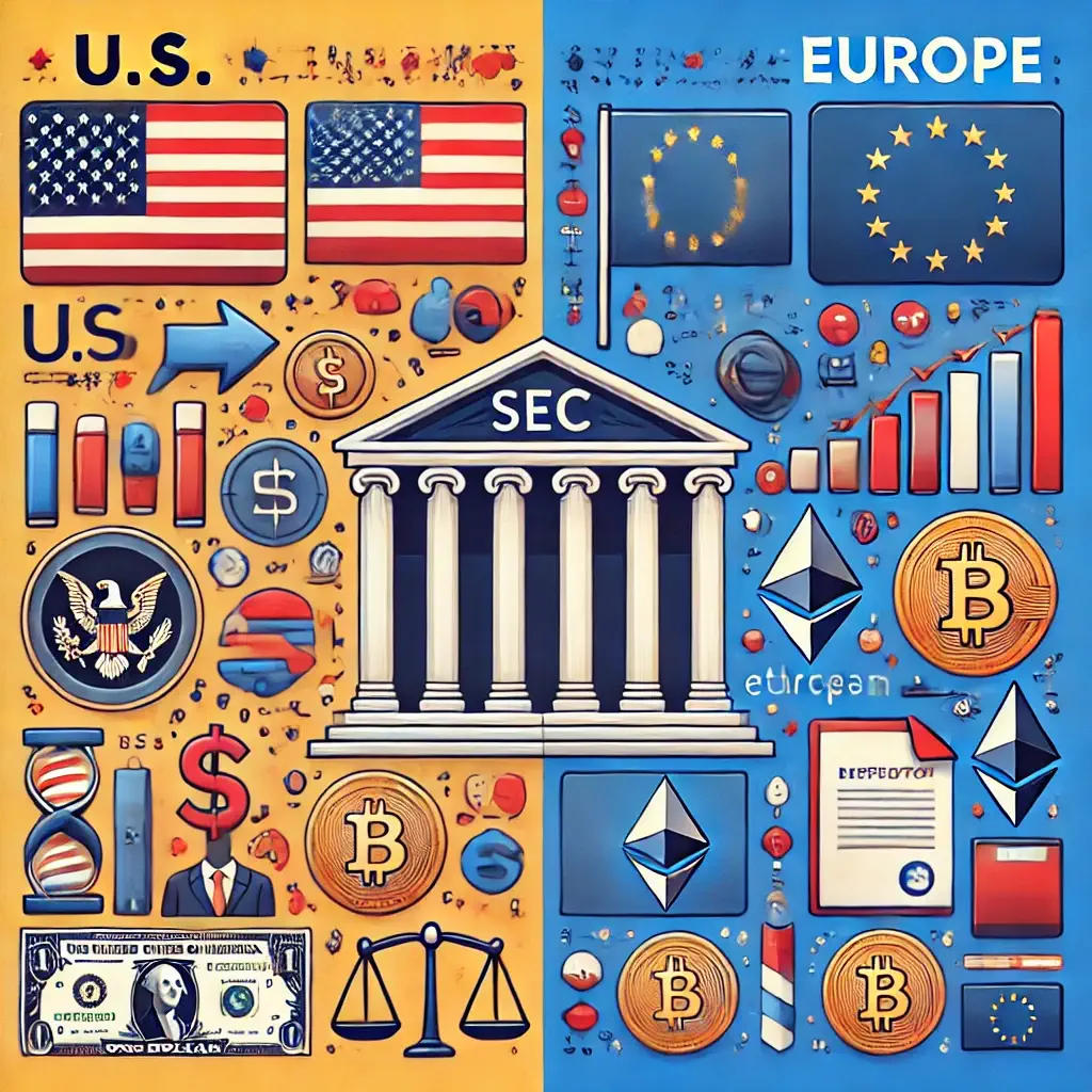 Comparative graphic of cryptocurrency regulation approaches between the U.S. and Europe, featuring symbols like the American flag, SEC building, EU flag, and law books with Bitcoin and Ethereum icons.