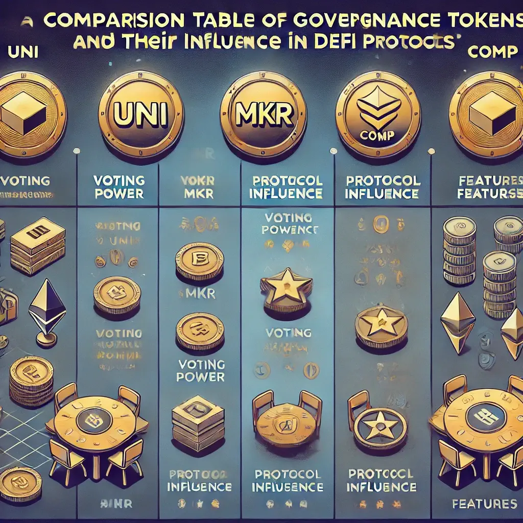 Comparison table of governance tokens and their influence in DeFi protocols