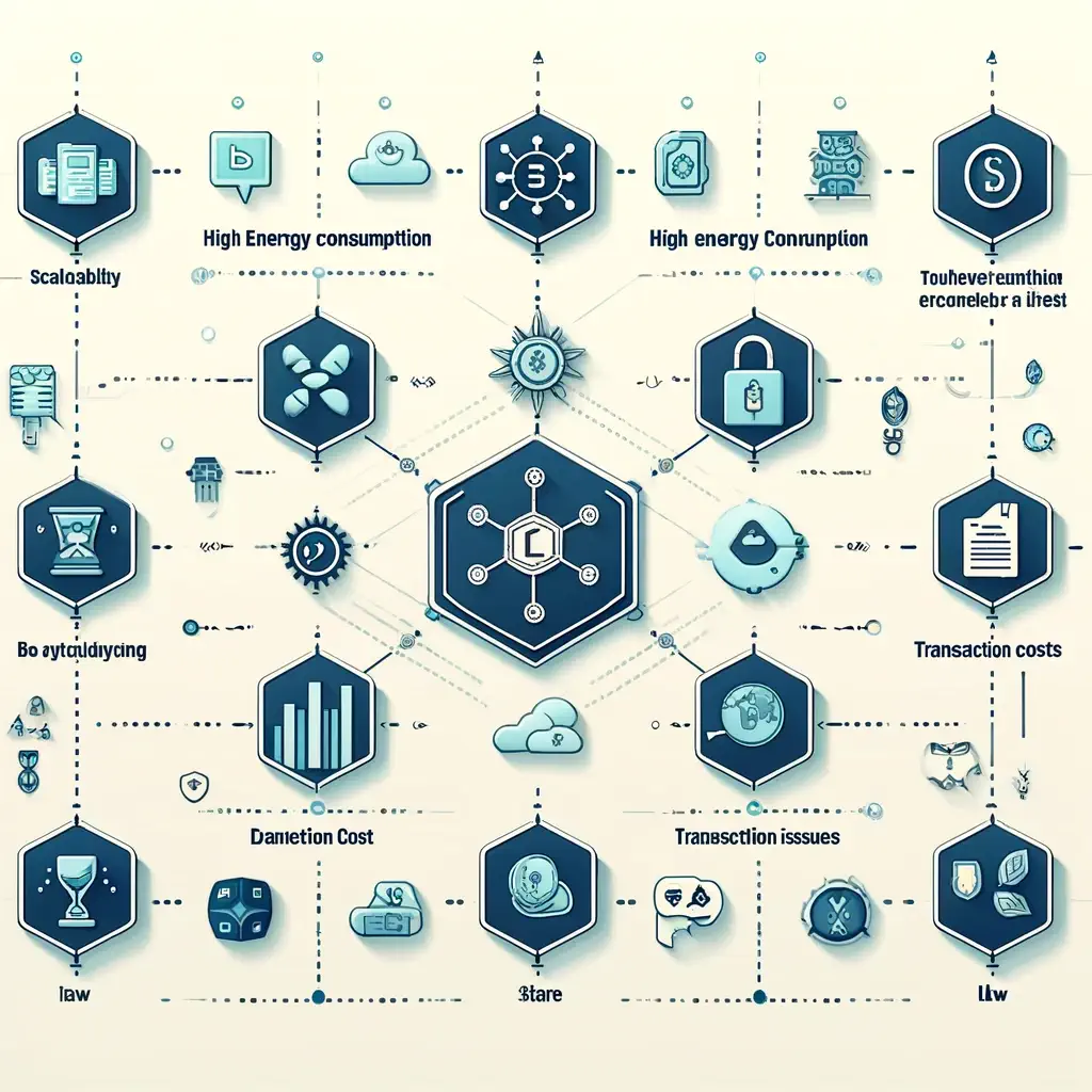 Chart illustrating key challenges of blockchain technology, including scalability, energy consumption, transaction costs, and regulatory issues.