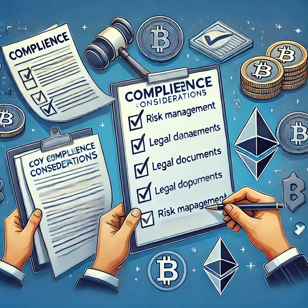 Illustration depicting compliance considerations for crypto businesses and investors, including a checklist, legal documents, and cryptocurrency symbols like Bitcoin and Ethereum.