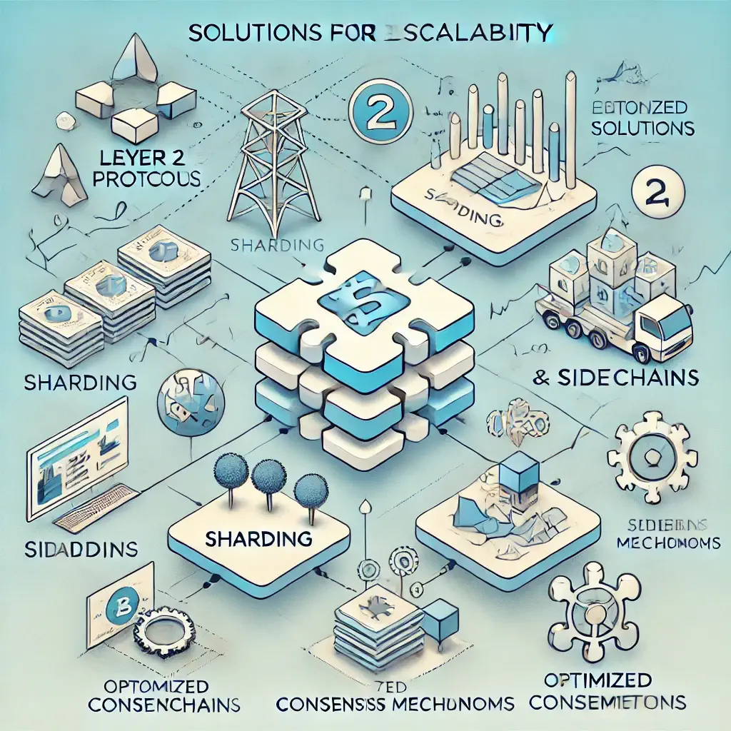 Infographic illustrating key solutions for enhancing blockchain scalability, including Layer 2 protocols, sharding, sidechains, and optimized consensus mechanisms.