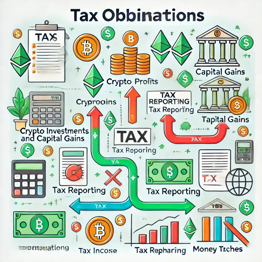 Chart illustrating tax obligations for cryptocurrency transactions, showing the flow from crypto investments to profits, tax reporting, and payments, with symbols of Bitcoin and Ethereum.