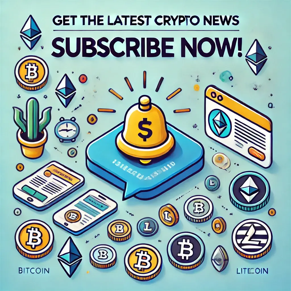 Call to Action graphic encouraging readers to subscribe for updates on cryptocurrency regulations, featuring a bell notification symbol, and icons of Bitcoin, Ethereum, and Litecoin.