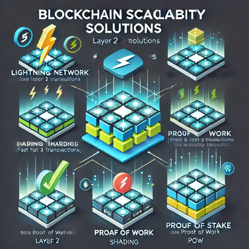 Infographic of blockchain scalability solutions, illustrating Layer 2 Solutions, Sharding, and Proof of Stake (PoS) with visual comparisons.