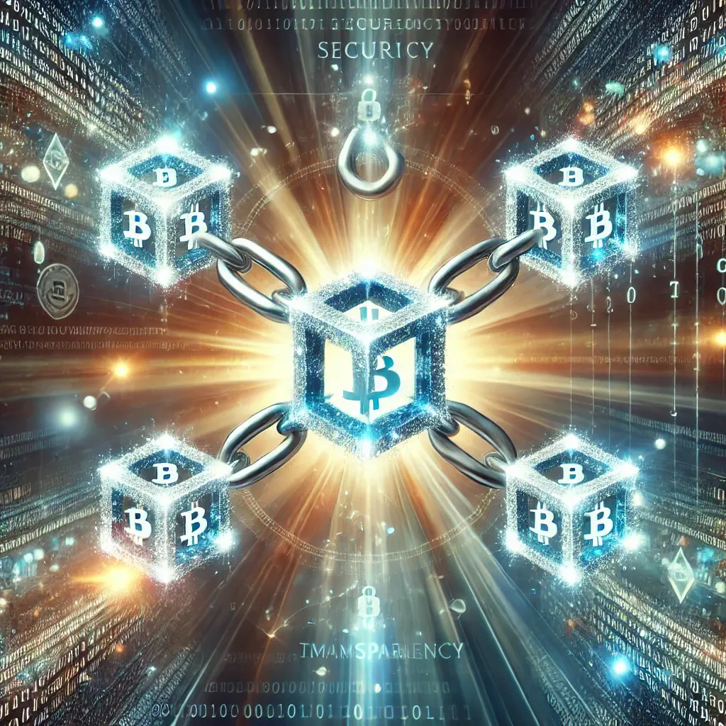 Conceptual image showcasing the benefits of blockchain technology, featuring a glowing chain of digital blocks symbolizing security, transparency, and immutability.