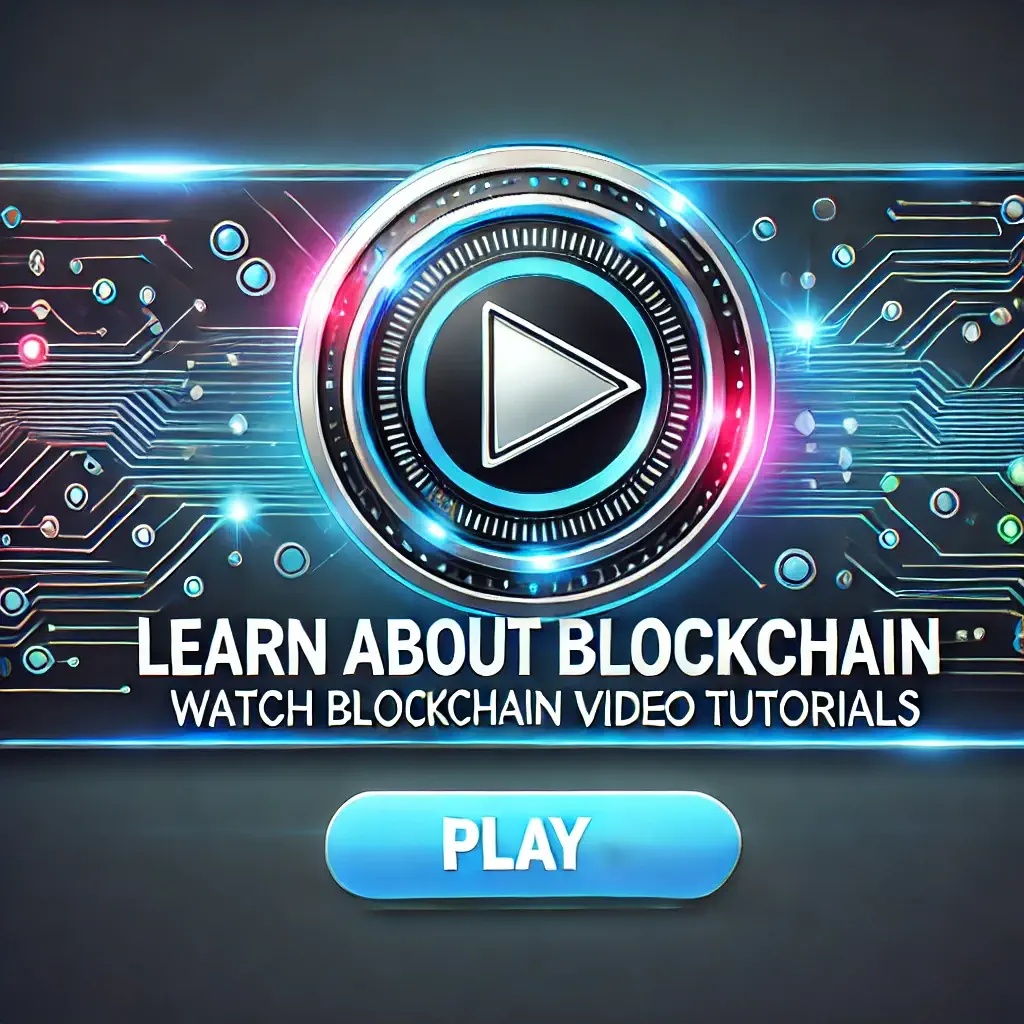 CTA banner encouraging users to watch video tutorials on blockchain technology with a play button icon and tech-inspired design.