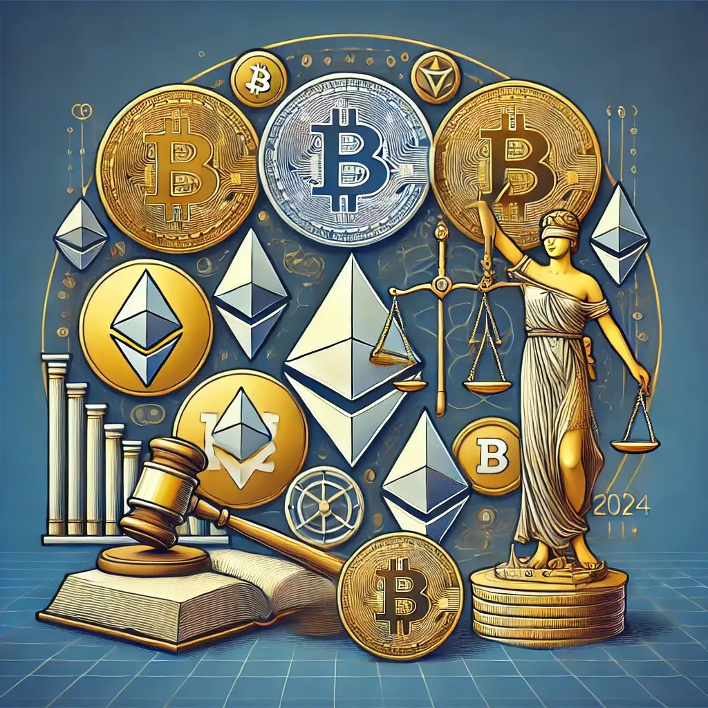 Graphic showing symbols of cryptocurrencies like Bitcoin and Ethereum, along with law elements like a law book and scales of justice, illustrating the topic of cryptocurrency regulations in 2024.